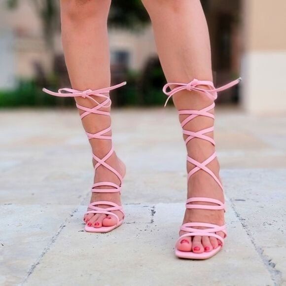 Women's Pink Strappy Pyramid Heel Gladiator Sandals - Picture 1 of 5